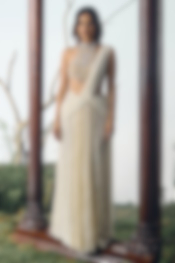Ivory Chantilly Lace Crystal Embellished Pre-Draped Wedding Saree Set by House of arshiyaa at Pernia's Pop Up Shop