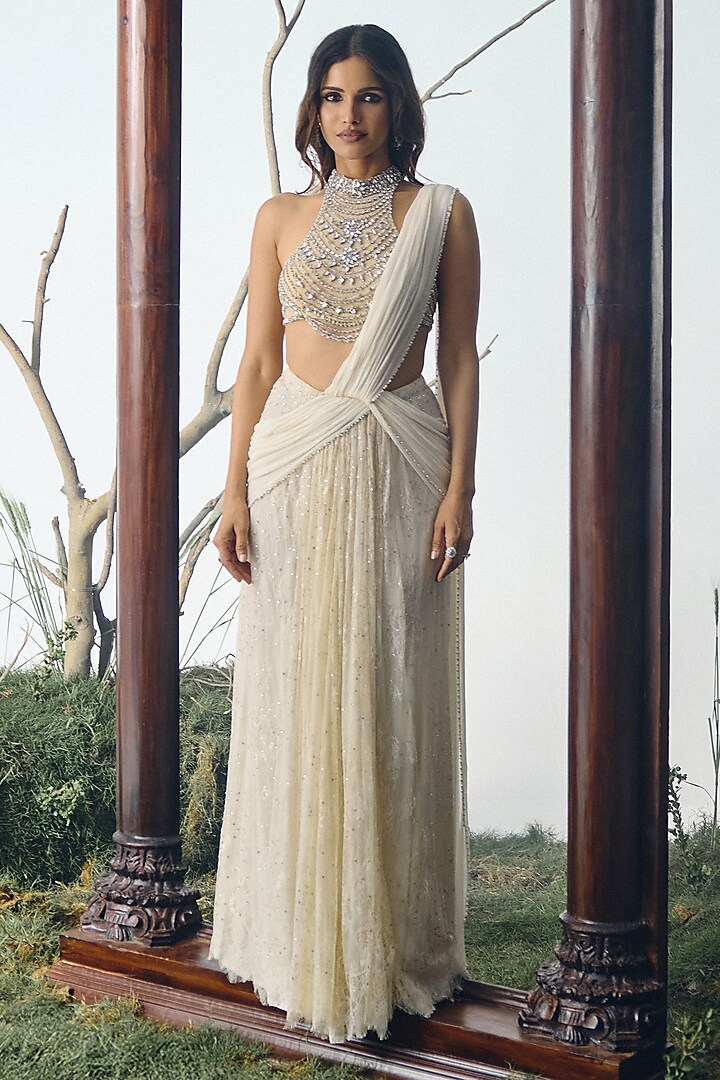 Ivory Chantilly Lace Crystal Embellished Pre-Draped Wedding Saree Set by House of arshiyaa at Pernia's Pop Up Shop