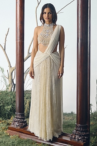 Ivory Chantilly Lace Crystal Embellished Pre-Draped Saree Set by House of arshiyaa