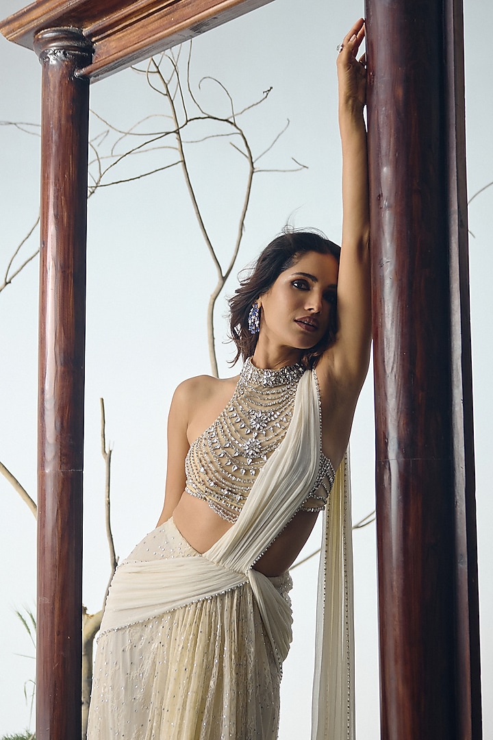 Ivory Chantilly Lace Crystal Embellished Pre-Draped Wedding Saree Set by House of arshiyaa at Pernia's Pop Up Shop