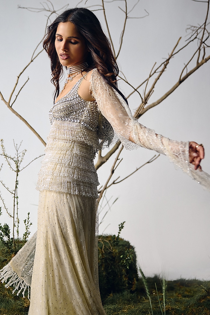 Ivory Chantilly Lace Bridal Sharara Set by House of arshiyaa at Pernia's Pop Up Shop