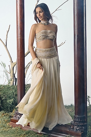 Ivory Chiffon Sequin Embellished Lehenga Set by House of arshiyaa