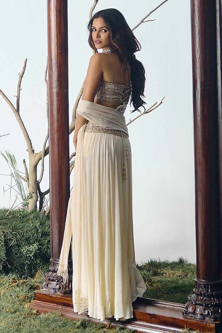 Ivory Chiffon Sequin Embellished Wedding Lehenga Set by House of arshiyaa at Pernia's Pop Up Shop