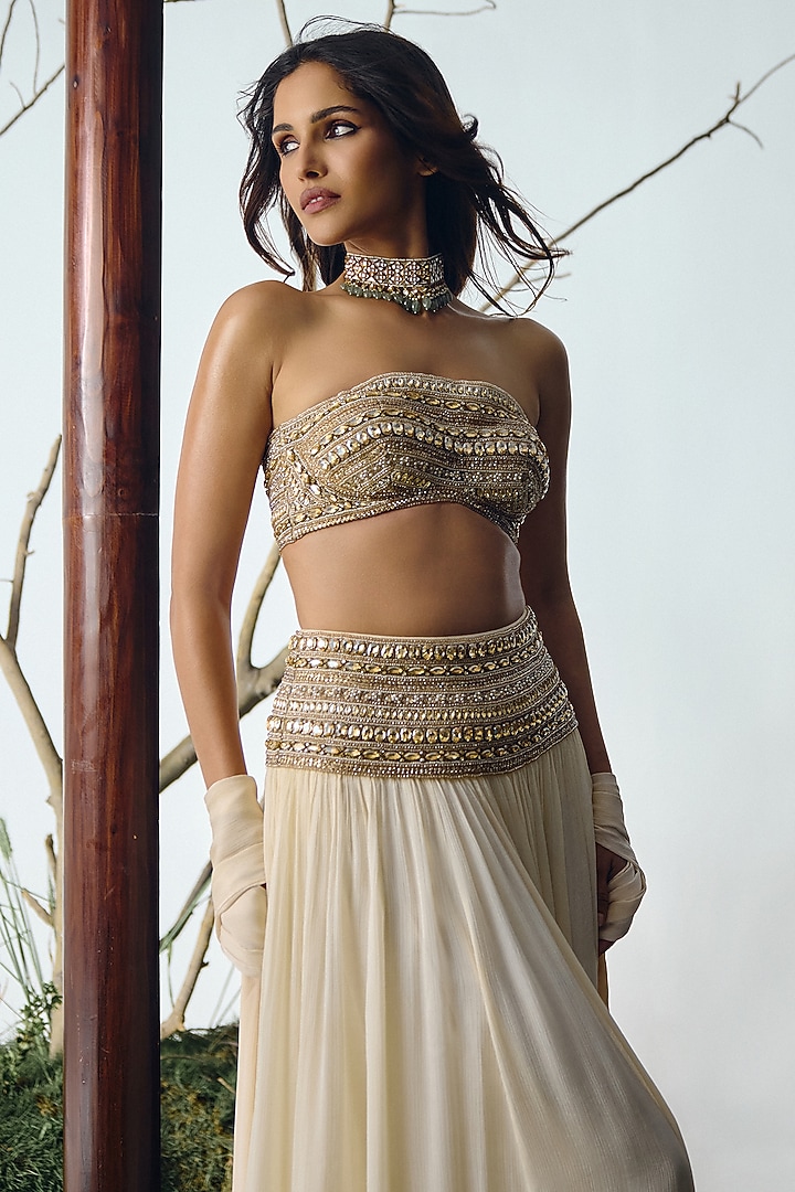 Ivory Chiffon Sequin Embellished Wedding Lehenga Set by House of arshiyaa at Pernia's Pop Up Shop