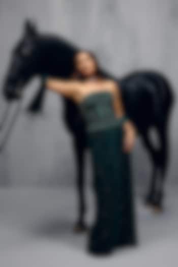 Bottle Green Butterfly Net Draped Skirt Set by House of arshiyaa at Pernia's Pop Up Shop