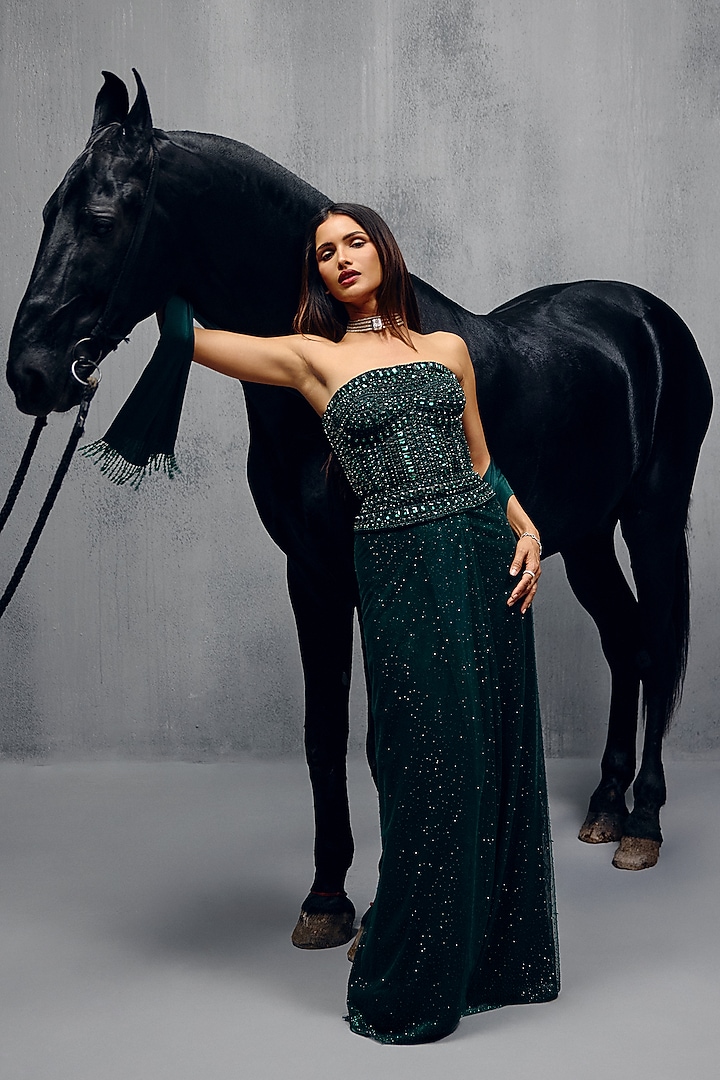Bottle Green Butterfly Net Draped Skirt Set by House of arshiyaa at Pernia's Pop Up Shop