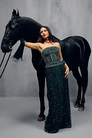 Bottle Green Butterfly Net Draped Skirt Set by House of arshiyaa