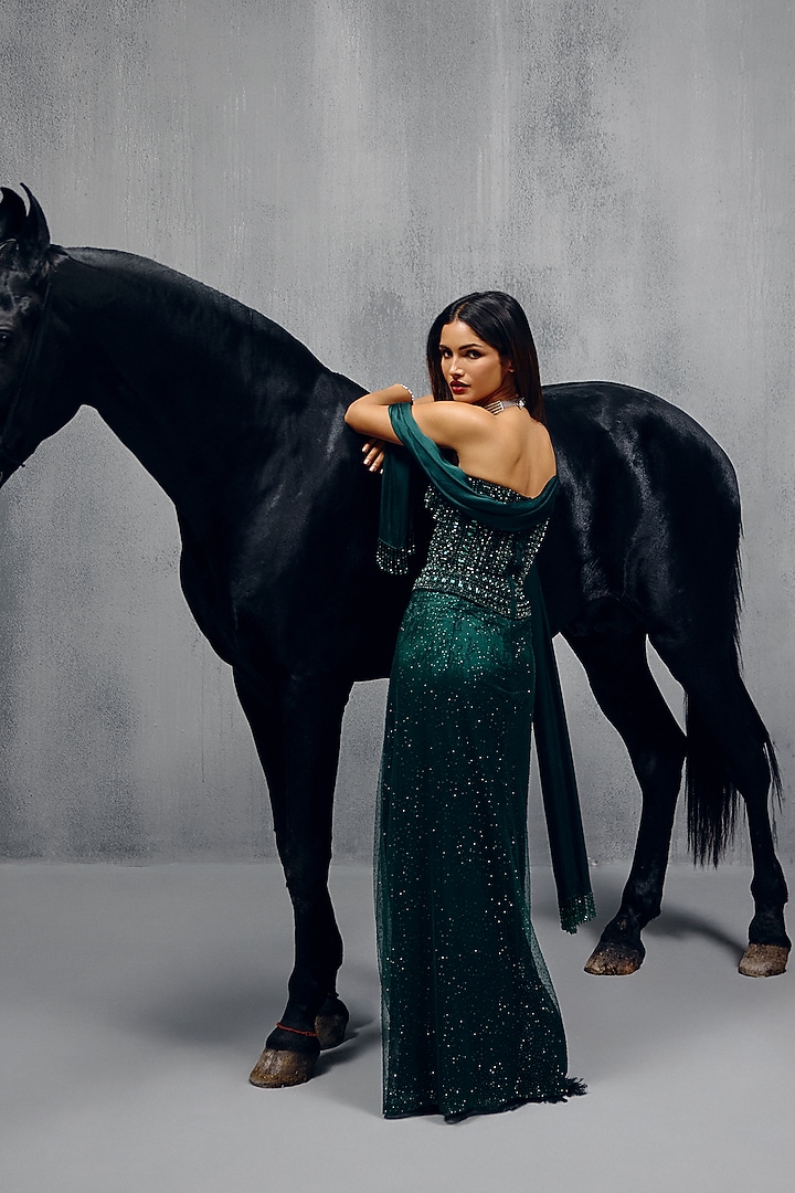 Bottle Green Butterfly Net Draped Skirt Set by House of arshiyaa at Pernia's Pop Up Shop