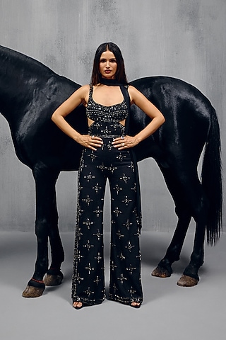 Black Raw Silk Sequin Work Jumpsuit With Dupatta by House of arshiyaa