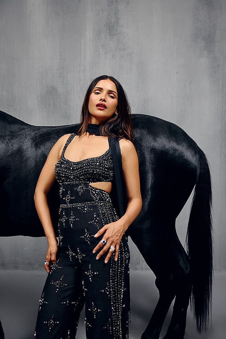 Black Raw Silk Sequin Work Jumpsuit With Dupatta by House of arshiyaa at Pernia's Pop Up Shop