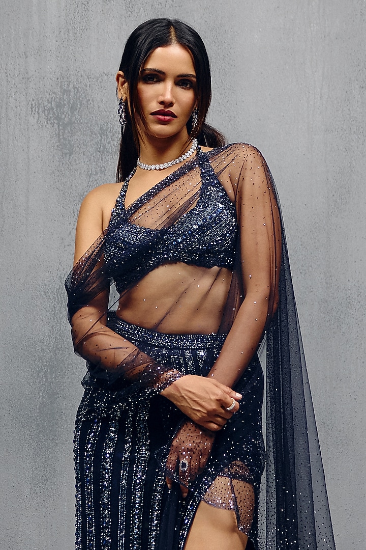Royal Blue Butterfly Net Embellished Wedding Lehenga Set by House of arshiyaa at Pernia's Pop Up Shop
