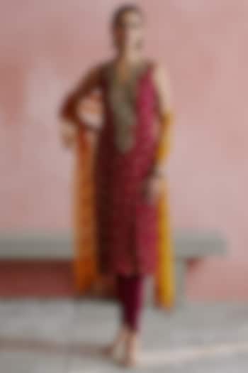 Wine Georgette Hand Embroidered Kurta Set by House of arshiyaa at Pernia's Pop Up Shop