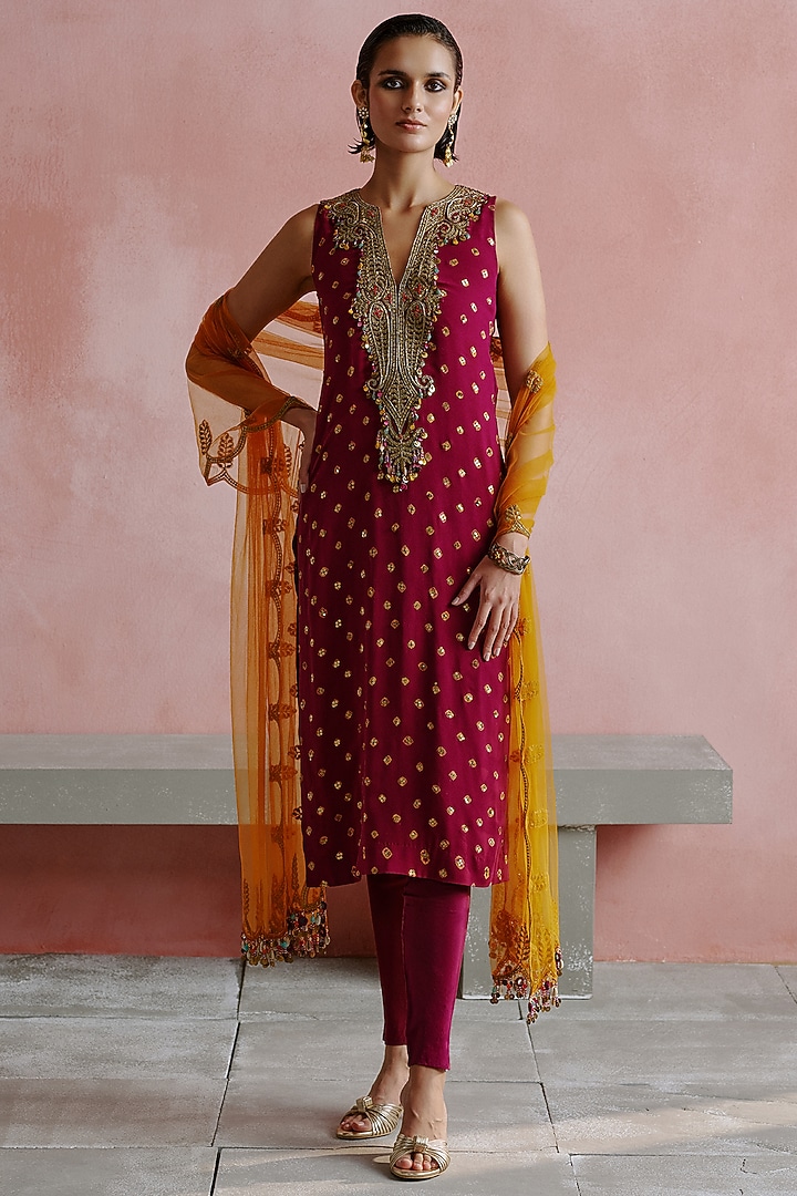 Wine Georgette Hand Embroidered Kurta Set by House of arshiyaa at Pernia's Pop Up Shop