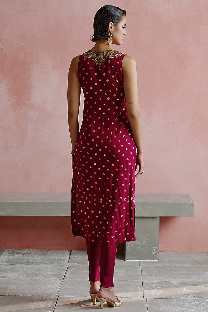 Wine Georgette Hand Embroidered Kurta Set by House of arshiyaa at Pernia's Pop Up Shop