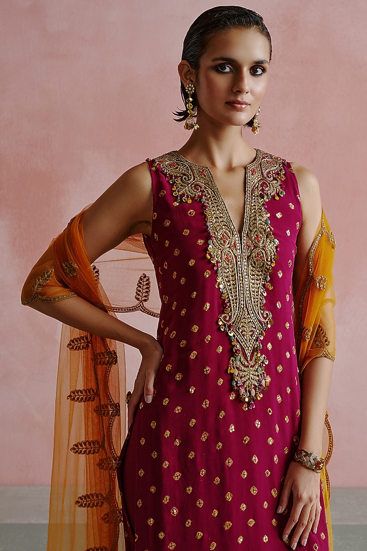 Wine Georgette Hand Embroidered Kurta Set by House of arshiyaa at Pernia's Pop Up Shop