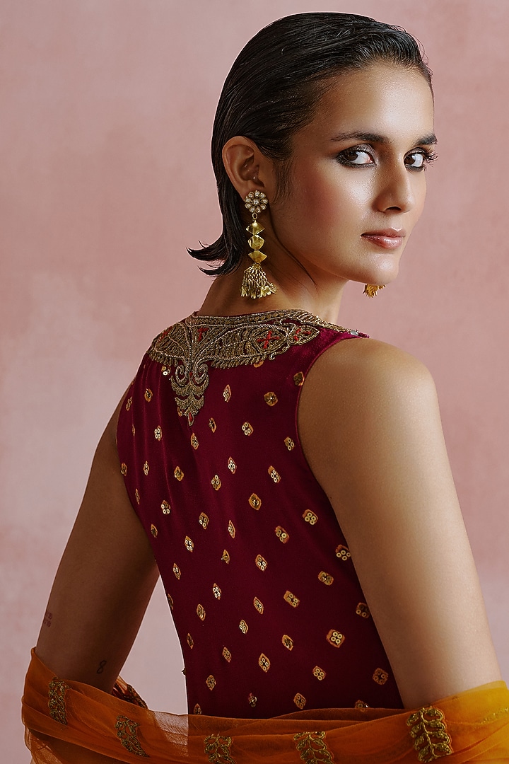 Wine Georgette Hand Embroidered Kurta Set by House of arshiyaa at Pernia's Pop Up Shop