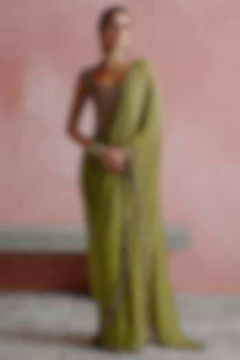 Olive Green Georgette Embroidered Bandhani Reception Saree Set by House of arshiyaa at Pernia's Pop Up Shop