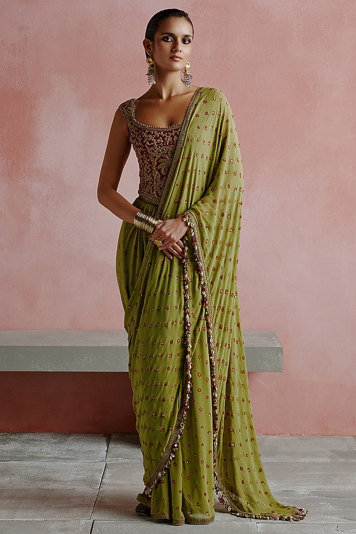 Olive Green Georgette Embroidered Bandhani Reception Saree Set by House of arshiyaa at Pernia's Pop Up Shop