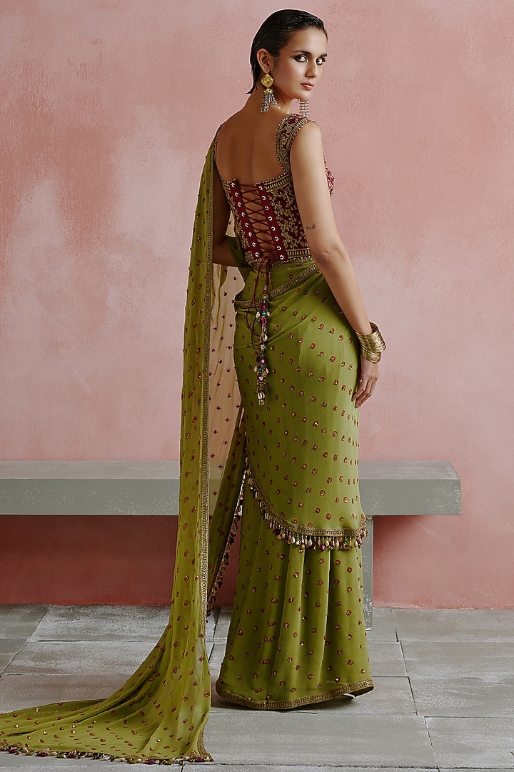 Olive Green Georgette Embroidered Bandhani Reception Saree Set by House of arshiyaa at Pernia's Pop Up Shop