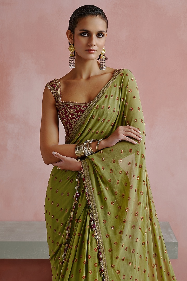 Olive Green Georgette Embroidered Bandhani Reception Saree Set by House of arshiyaa at Pernia's Pop Up Shop