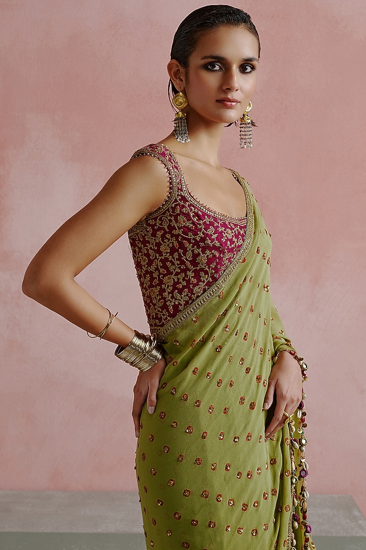 Olive Green Georgette Embroidered Bandhani Reception Saree Set by House of arshiyaa at Pernia's Pop Up Shop