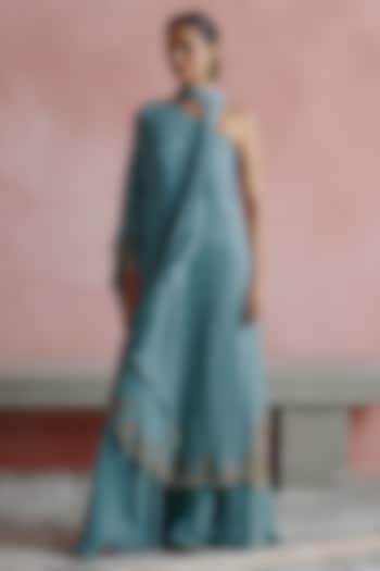 Dusty Powder Blue Georgette & Chiffon Hand Embroidered Kaftan Set by House of arshiyaa at Pernia's Pop Up Shop