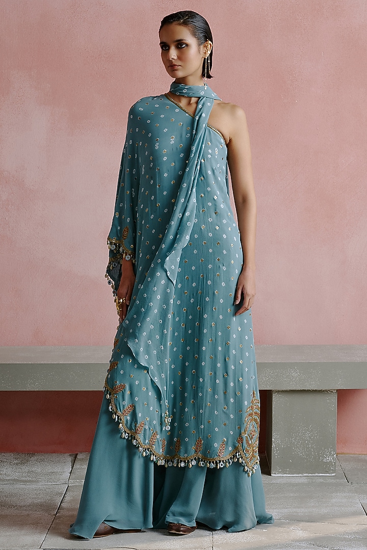 Dusty Powder Blue Georgette & Chiffon Hand Embroidered Kaftan Set by House of arshiyaa at Pernia's Pop Up Shop