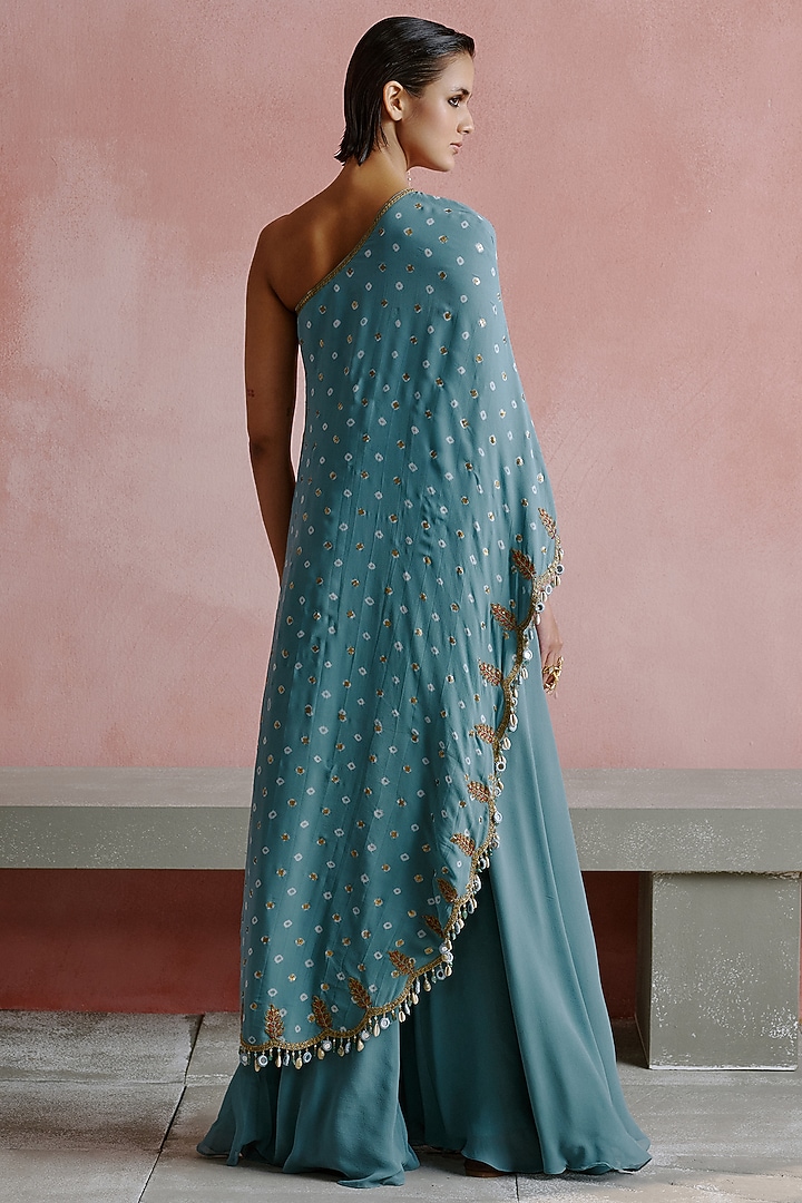 Dusty Powder Blue Georgette & Chiffon Hand Embroidered Kaftan Set by House of arshiyaa at Pernia's Pop Up Shop