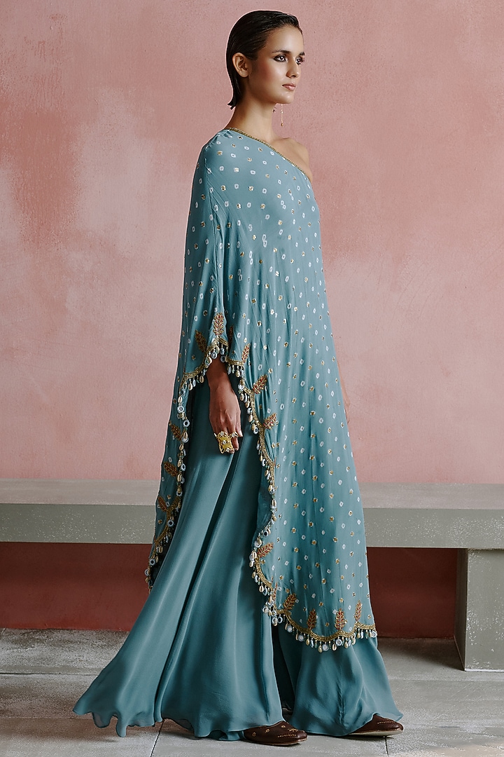 Dusty Powder Blue Georgette & Chiffon Hand Embroidered Kaftan Set by House of arshiyaa at Pernia's Pop Up Shop