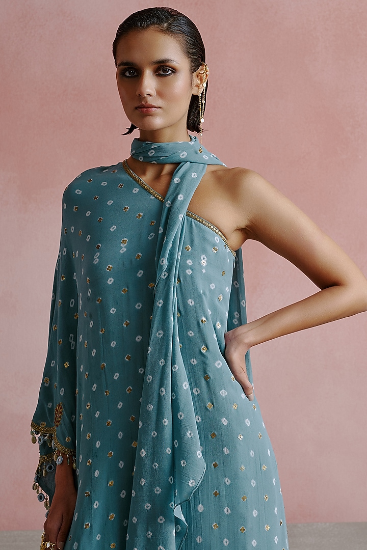 Dusty Powder Blue Georgette & Chiffon Hand Embroidered Kaftan Set by House of arshiyaa at Pernia's Pop Up Shop