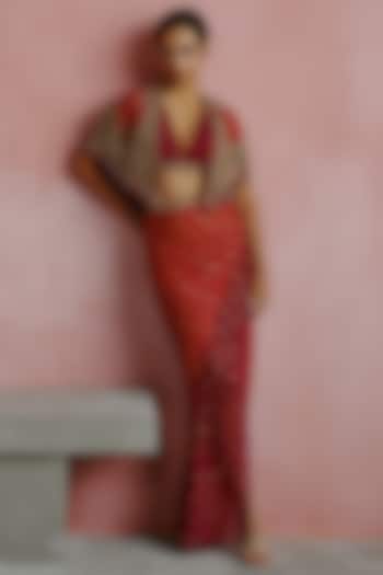 Deep Pink & Wine Georgette Draped Skirt Set by House of arshiyaa at Pernia's Pop Up Shop