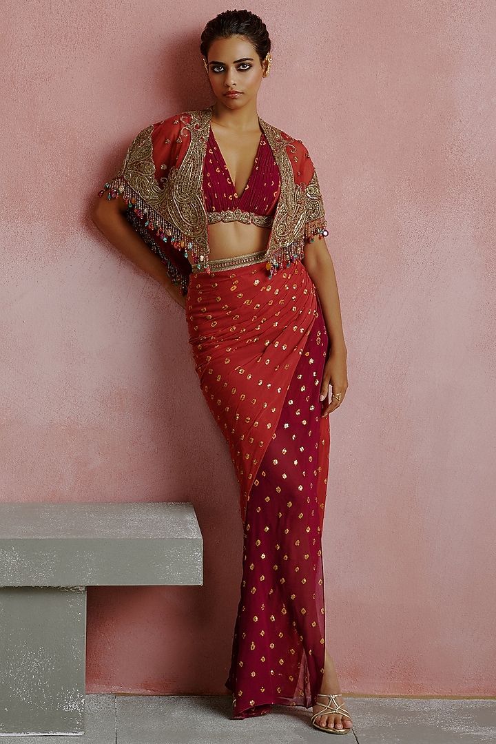 Deep Pink & Wine Georgette Draped Skirt Set by House of arshiyaa at Pernia's Pop Up Shop