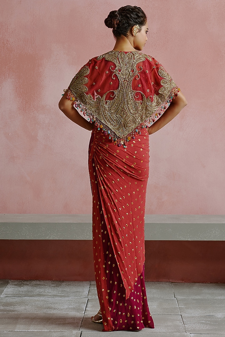 Deep Pink & Wine Georgette Draped Skirt Set by House of arshiyaa at Pernia's Pop Up Shop