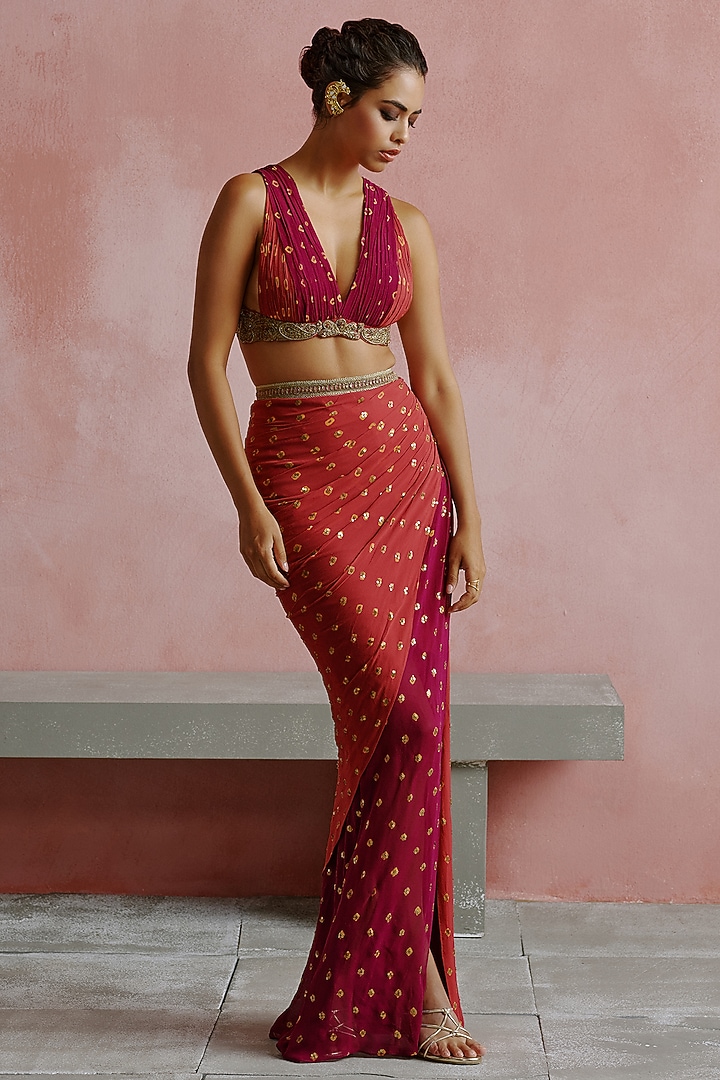 Deep Pink & Wine Georgette Draped Skirt Set by House of arshiyaa at Pernia's Pop Up Shop