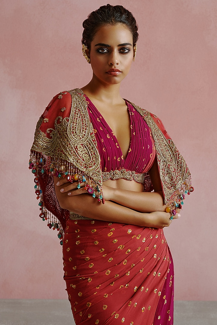 Deep Pink & Wine Georgette Draped Skirt Set by House of arshiyaa at Pernia's Pop Up Shop