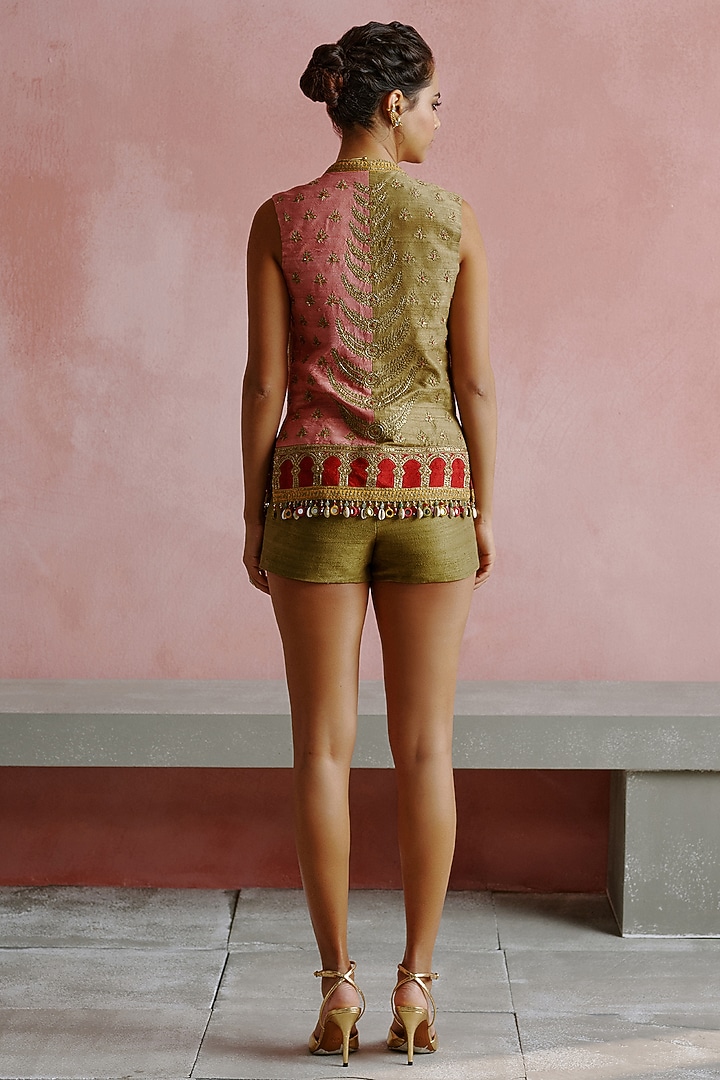Multi-Colored Raw Silk & Georgette Dabka Embroidered Jacket Set by House of arshiyaa at Pernia's Pop Up Shop