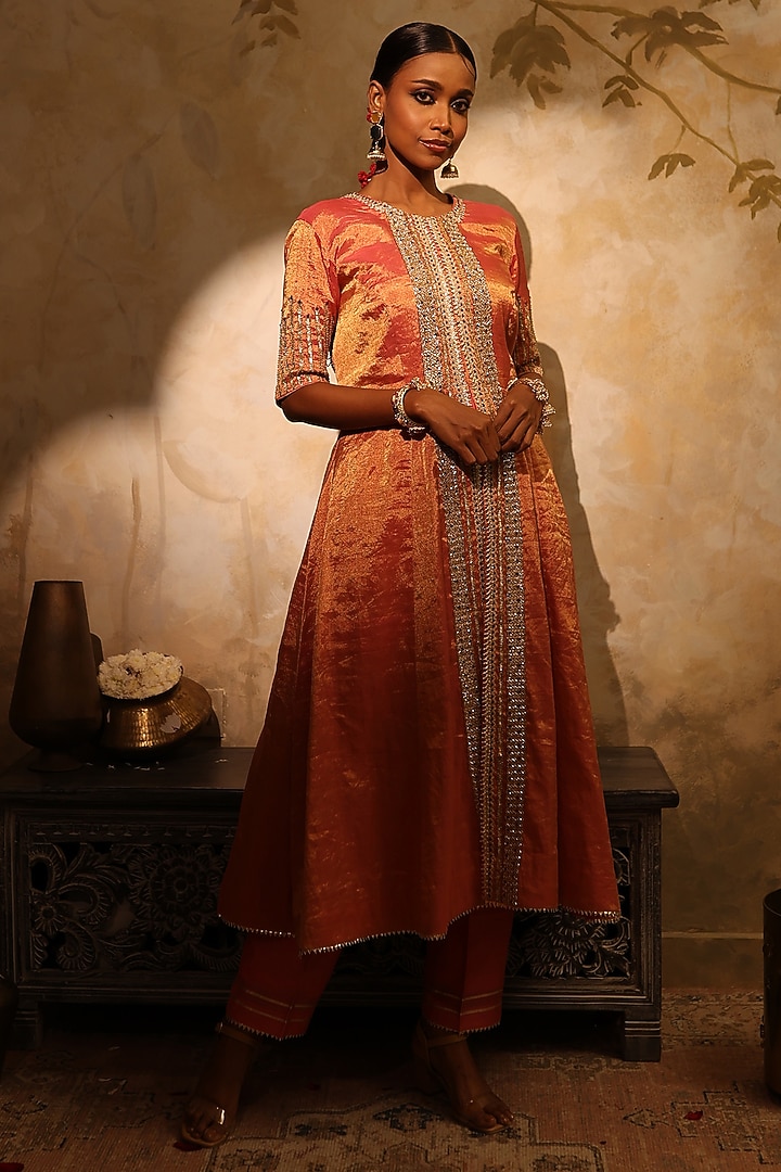 Rust Orange Silk Zari & Sequin Embellished Wedding Anarkali Set by HOUSE OF AAS at Pernia's Pop Up Shop