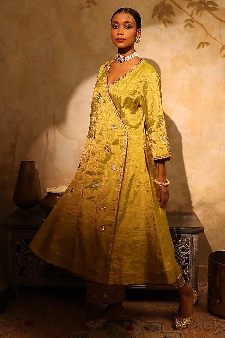 Pista Green Tissue Sequin Embroidered Angrakha Kurta Set by HOUSE OF AAS at Pernia's Pop Up Shop