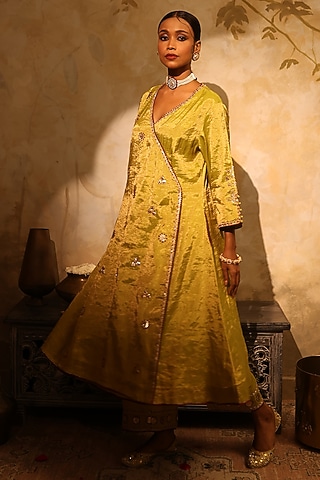 Pista Green Tissue Sequin Embroidered Angrakha Kurta Set by HOUSE OF AAS