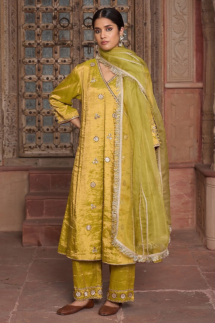 Pista Green Tissue Sequin Embroidered Angrakha Kurta Set by HOUSE OF AAS at Pernia's Pop Up Shop
