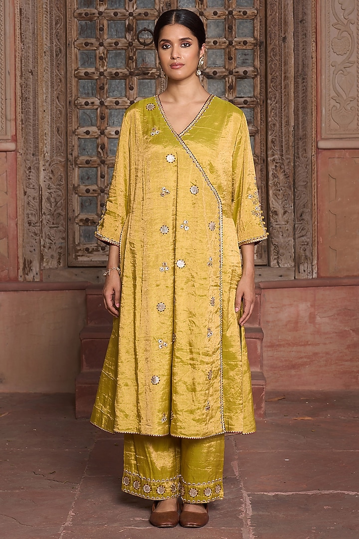 Pista Green Tissue Sequin Embroidered Angrakha Kurta Set by HOUSE OF AAS at Pernia's Pop Up Shop