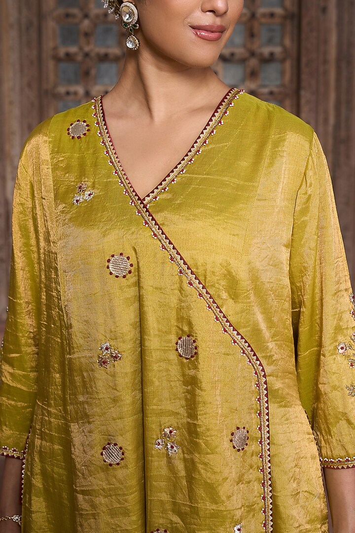 Pista Green Tissue Sequin Embroidered Angrakha Kurta Set by HOUSE OF AAS at Pernia's Pop Up Shop