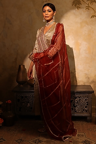 Silver Tissue Sequin Embroidered Angrakha Kurta Set by HOUSE OF AAS