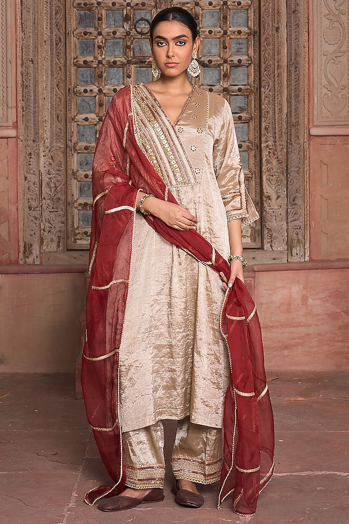 Silver Tissue Sequin Embroidered Angrakha Kurta Set by HOUSE OF AAS at Pernia's Pop Up Shop
