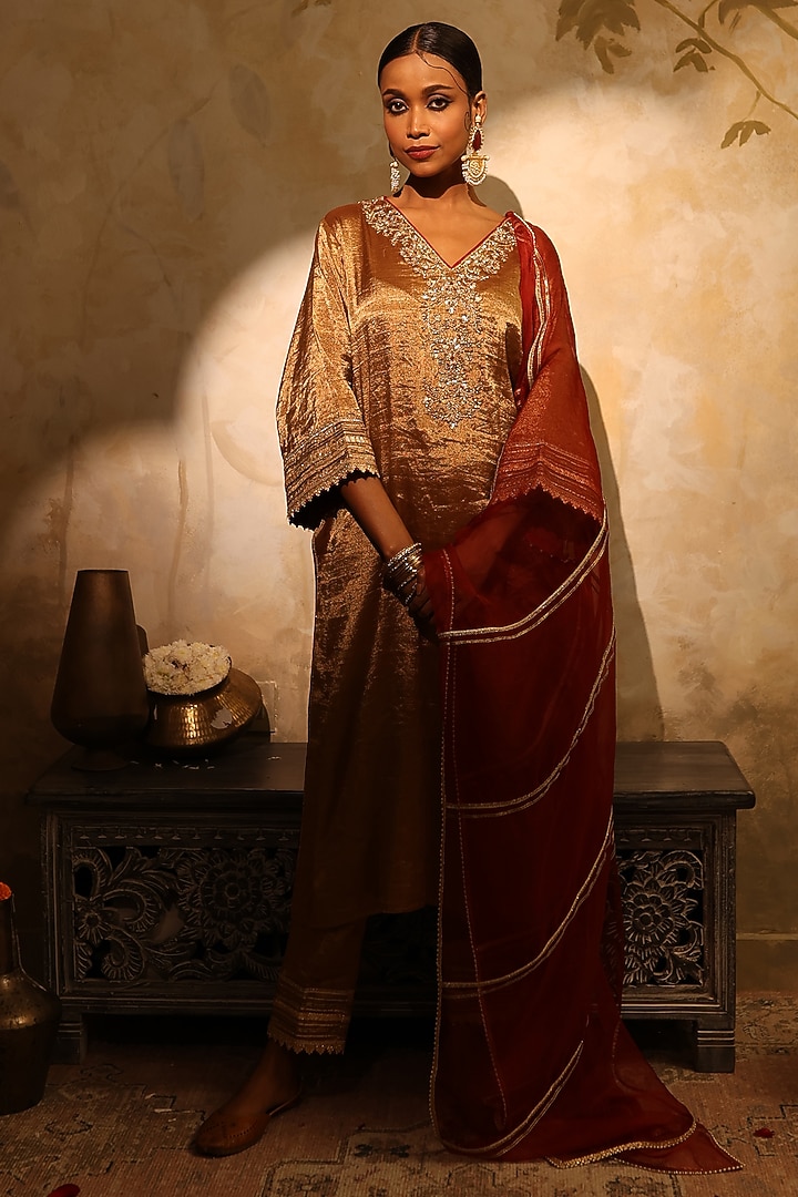 Antique Gold Tissue Sequin Embroidered Angrakha Kurta Set by HOUSE OF AAS at Pernia's Pop Up Shop