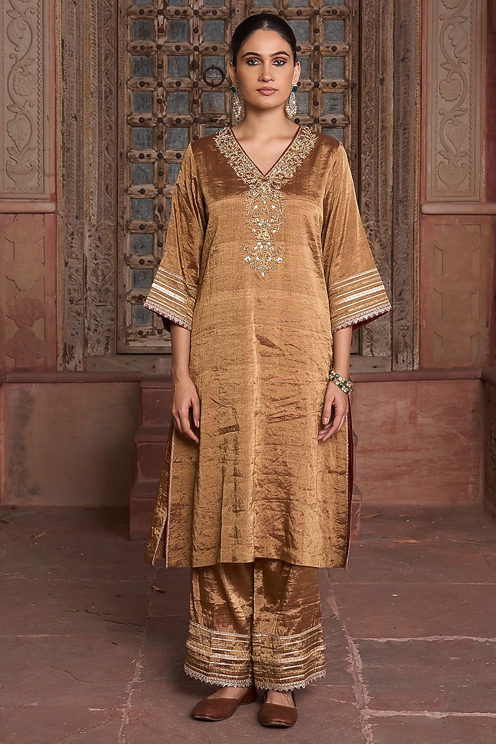 Antique Gold Tissue Sequin Embroidered Angrakha Kurta Set by HOUSE OF AAS at Pernia's Pop Up Shop