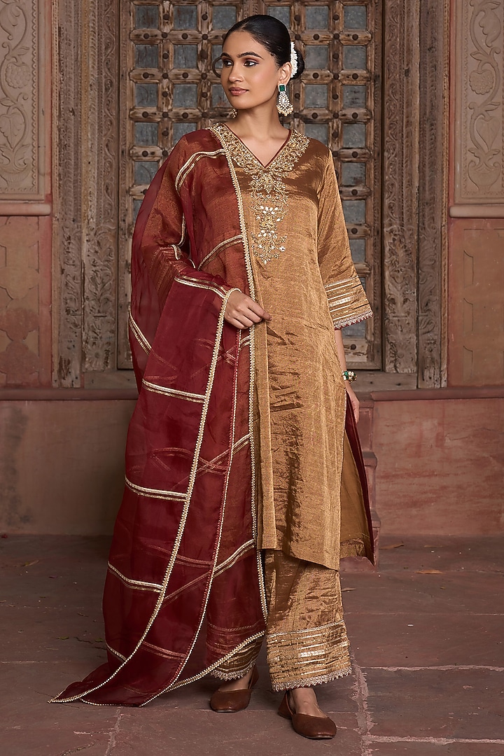 Antique Gold Tissue Sequin Embroidered Angrakha Kurta Set by HOUSE OF AAS at Pernia's Pop Up Shop