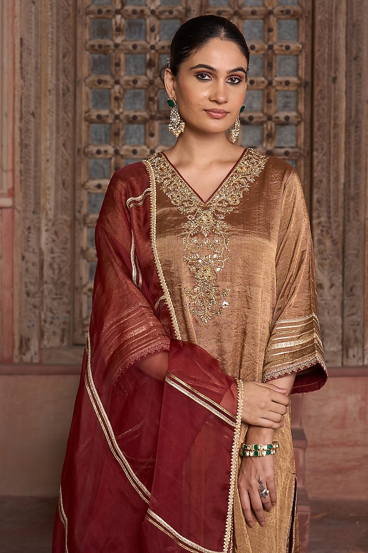 Antique Gold Tissue Sequin Embroidered Angrakha Kurta Set by HOUSE OF AAS at Pernia's Pop Up Shop