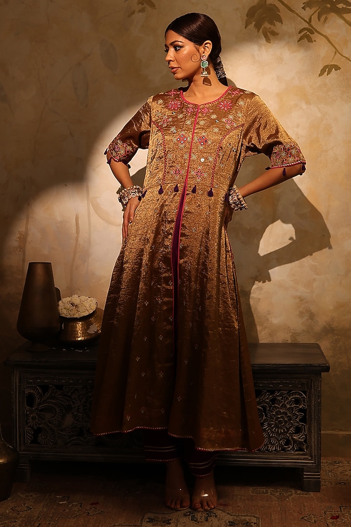 Antique Gold Tissue Mirror Embroidered Kurta Set by HOUSE OF AAS at Pernia's Pop Up Shop