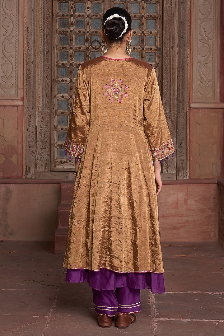 Antique Gold Tissue Mirror Embroidered Kurta Set by HOUSE OF AAS at Pernia's Pop Up Shop